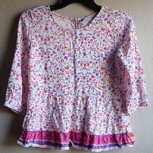 Mudd Pink Floral‎ Peplum Blouse with Ruffle Trim Sz 16